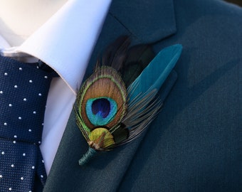 Teal and Peacock Feather Lapel Pin / Hat Pin