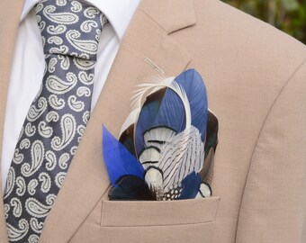 Royal, Navy Blue and White Pheasant and Duck Feather Pocket Square No.73