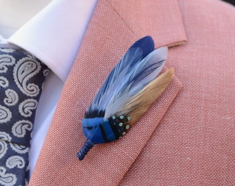 Shades of Blue and Gold Feather Lapel Pin / Hat Pin