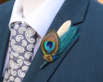 Teal and Peacock Feather Lapel Pin / Hat Pin