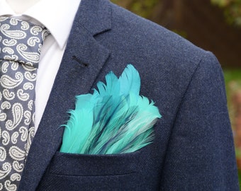 Turquoise and Blue Feather Pocket Square No.59