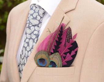 Plum Purple and Peacock Eye Feather Pocket Square No.214