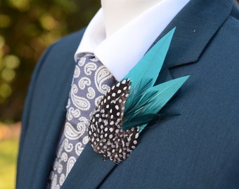 Teal and Green Spotted Feather Lapel Pin