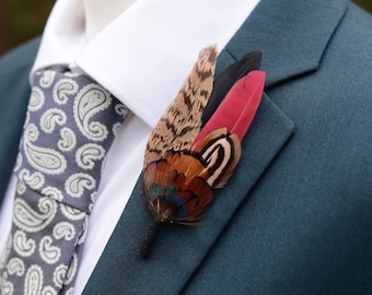 Burgundy,Black and Copper Pheasant Feather Lapel Pin / Hat Pin Small no.172