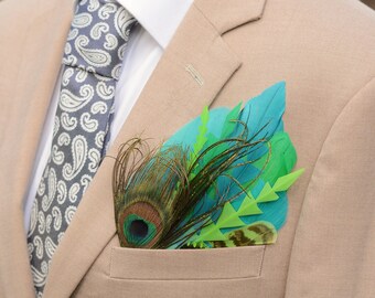 Bright Teal and Lime Green Peacock Feather Pocket Square No.239