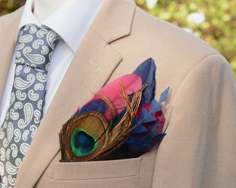 Burgundy, Navy Blue and Peacock Feather Pocket Square No.242