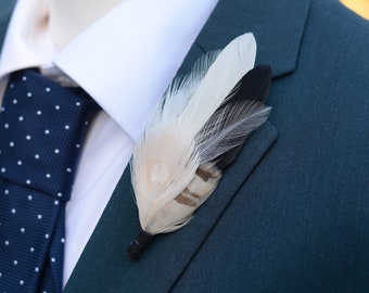 Monochrome Black and Ivory Peacock Feather Lapel Pin Brooch
