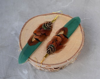 Green and Copper Pheasant Feather Earrings