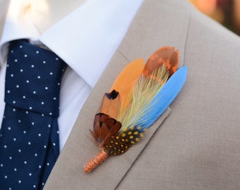 Sky Blue, Mustard Yellow, Orange and Pheasant Feather Lapel Pin