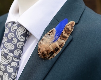 Hen Pheasant Feather Lapel Pin with Cobalt Blue