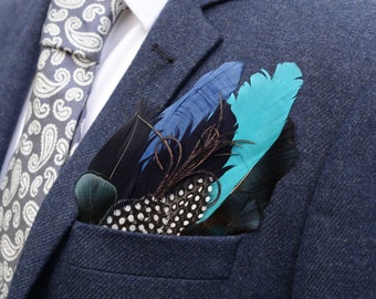 Turquoise, Navy Blue and Black Feather Pocket Square No.163