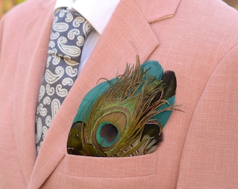 Teal and Green Blue Peacock Feather Pocket Square No.194