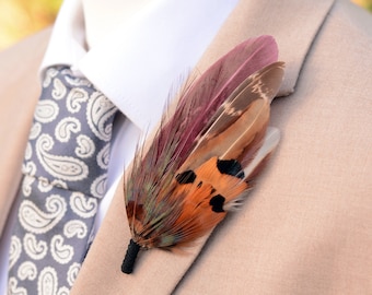Plum Purple and Copper Pheasant Feather Lapel Pin / Hat Pin
