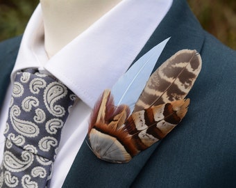 Soft Blue and Copper Pheasant Feather Lapel Pin