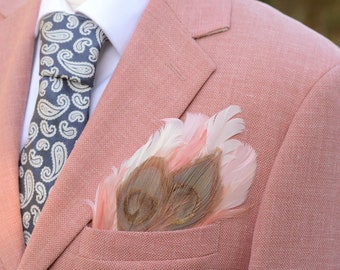 Ivory and Blush Pink Feather Pocket Square No.137
