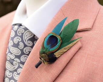 Peacock Teal and Green Feather Lapel Pin Small No.240