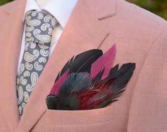 Deep Black, Navy and Burgundy Feather Pocket Square No.169