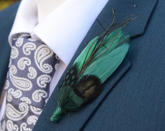 Shades of Green Feather Lapel Pin | Duck Feather Boutonniere | Pheasant Feather Brooch |  Feather Hat Pin