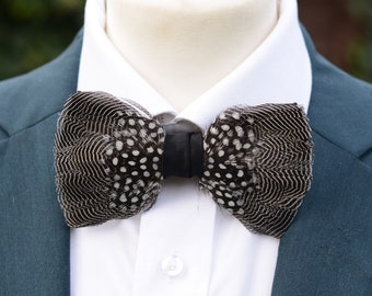 Monochrome Pin Stripe and Polka Dot Duck Feather Bow Tie