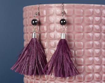 Plum Round Ostrich Feather Tassel Earrings