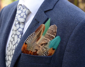 Green and Copper Pheasant Feather Pocket Square No.193