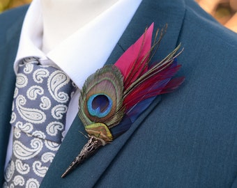 Burgundy and Navy Peacock Feather Lapel Pin