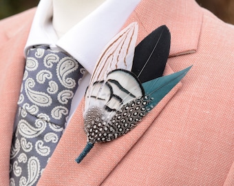 Monochrome and Green  Feather Lapel Pin No.201