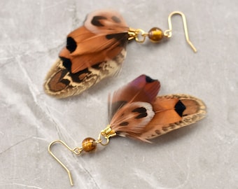 Pheasant Tassel Feather Earrings with Amber Glass Bead