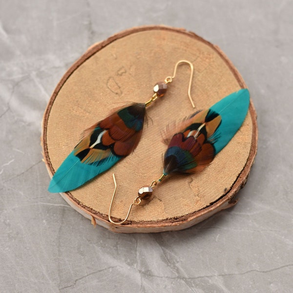 Teal, Copper and Rose Gold Feather Earrings | Festival Earrings | Feather Jewellery | Festival Jewellery | Drop Earrings