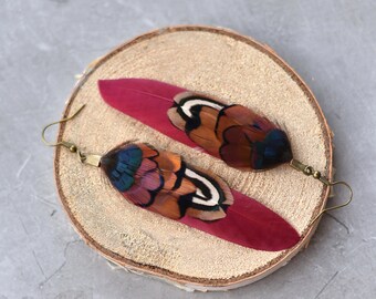 Burgundy and Copper Pheasant Feather Earrings