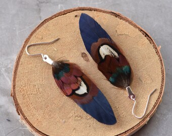 Navy Blue and Copper Small Feather Earrings