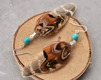 Mixed Pheasant Feather Earrings with turquoise bead