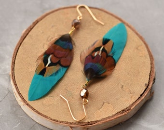 Teal, Copper and Rose Gold Feather Earrings