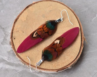 Burgundy and Pheasant Feather Earrings Small