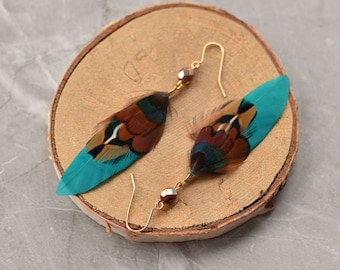 Teal, Copper and Rose Gold Feather Earrings