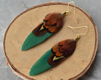 Green and Copper Small Feather Earrings