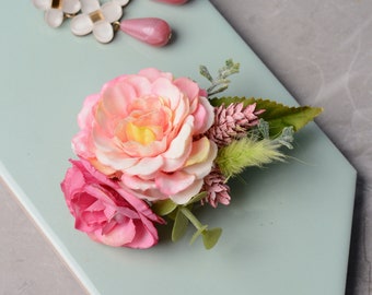 Pink Peony and Rose Flower Hair Clip