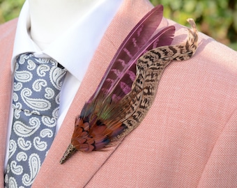 Plum Purple and Copper Pheasant Feather Lapel Pin No.313