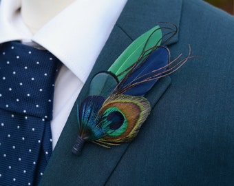 Teal and Navy Peacock and Pheasant Feather Lapel Pin