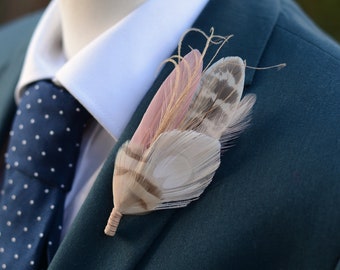 Blush Pink and Ivory Pheasant and Peacock Feather Lapel Pin Brooch