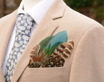 Green and Copper Pheasant Feather Pocket Square No.152