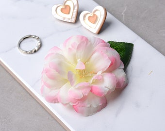 Camelia Rose Flower Hair Clip in Pastel Pink and White