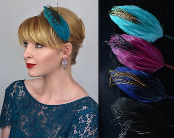 Side Perching Feather Fascinator Headband in Teal, Navy Blue, Plum, Red or Black