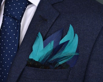 Turquoise and Navy Blue Feather Pocket Square No.133