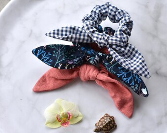Set of 3 Navy Blue and Coral Scrunchies