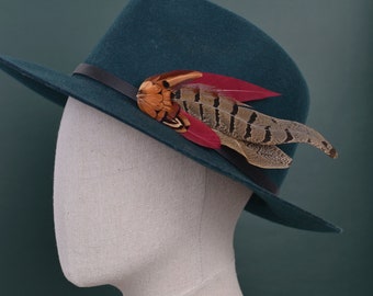 Large Copper Pheasant and Crimson Goose Feather Hat Pin No.257
