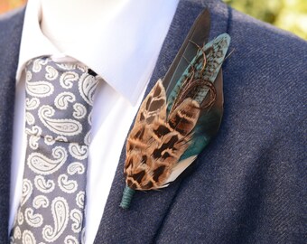 Teal Pheasant and Duck Feather Lapel Pin No.293 | Unique Duck Feather Boutonniere