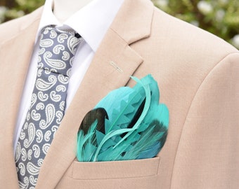 Turquoise, Teal and Green Feather Pocket Square No.219