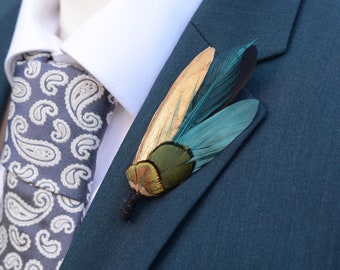 Gold, Green and Teal Feather Lapel Pin