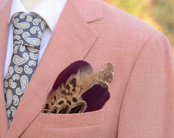 Burgundy and Blonde Pheasant Feather Pocket Square No.196